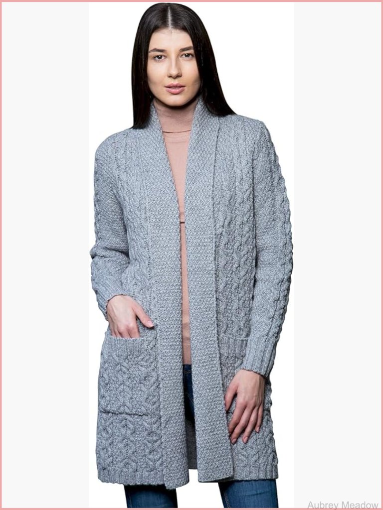 Women's Open Front Long Sleeve Merino Wool Cable Knit Cardigan